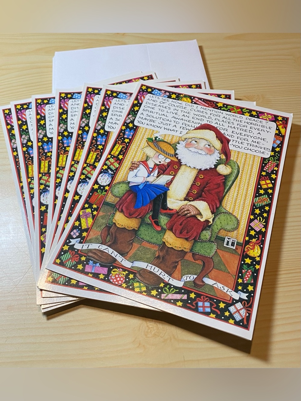 Mary Engelbreit Vintage Ink 7 Cards Envelope 1992 It Can’t Hurt To Ask Christmas
